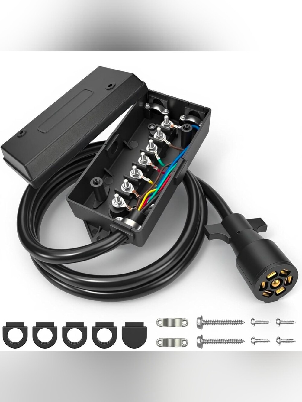 7 Way Plug Inline Pre-Wired Trailer Cord w/Junction Box 6 Ft Wire Cable Connect